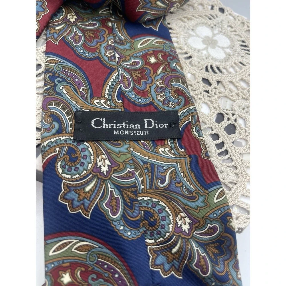 Christian Dior 100% Silk Red Tan‎ & Black Paisley Print Men's Tie